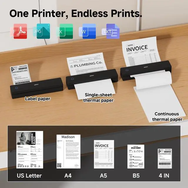 Alt view image 2 of 7 - MT620 Portable Printer Wireless for Travel, Inkless Thermal Printer for iOS/Andorid/Laptop, Supports Thermal Paper & Labels,Supports 8.5"x 11"US Letter & A4, A5 for Office/Home/School/Vehicles