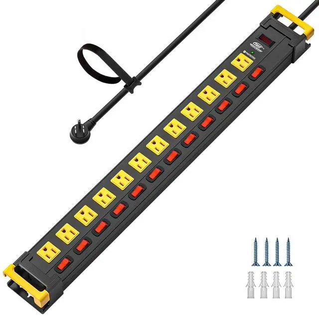Main image of 12-Outlet Heavy Duty Metal Power Strip with Individual Switches, Wide Spacing for Bulky Plugs, 9FTCord with Cable Management, 1020J Surge Protector for Garage, Workshop, Home (15A/1875W)
