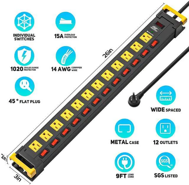 Alt view image 2 of 7 - 12-Outlet Heavy Duty Metal Power Strip with Individual Switches, Wide Spacing for Bulky Plugs, 9FTCord with Cable Management, 1020J Surge Protector for Garage, Workshop, Home (15A/1875W)