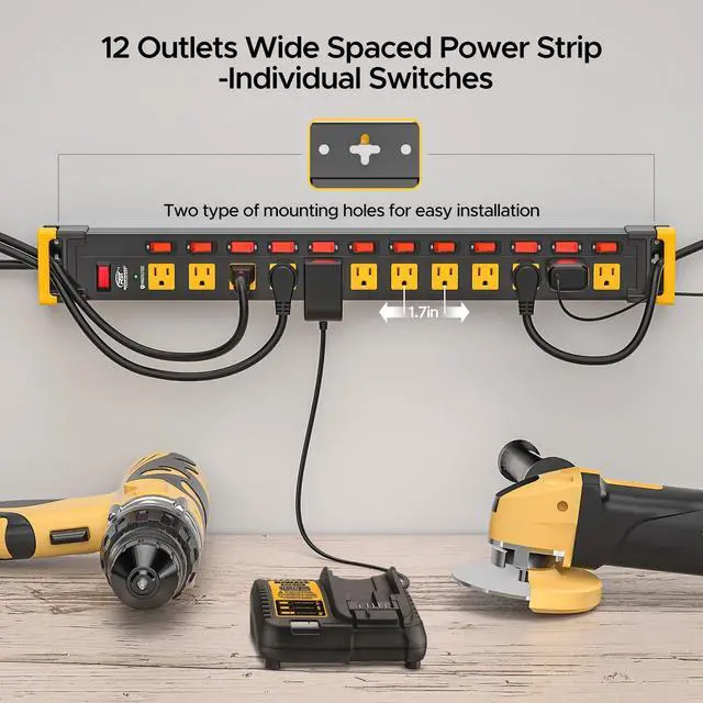 Alt view image 3 of 7 - 12-Outlet Heavy Duty Metal Power Strip with Individual Switches, Wide Spacing for Bulky Plugs, 9FTCord with Cable Management, 1020J Surge Protector for Garage, Workshop, Home (15A/1875W)