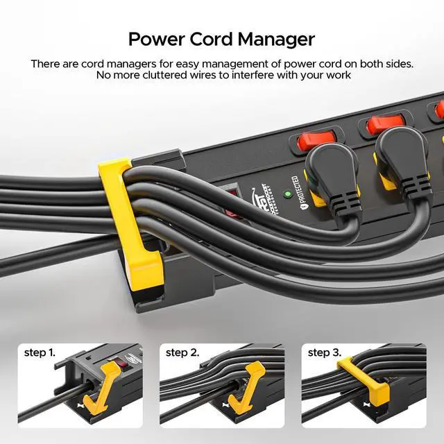 Alt view image 4 of 7 - 12-Outlet Heavy Duty Metal Power Strip with Individual Switches, Wide Spacing for Bulky Plugs, 9FTCord with Cable Management, 1020J Surge Protector for Garage, Workshop, Home (15A/1875W)