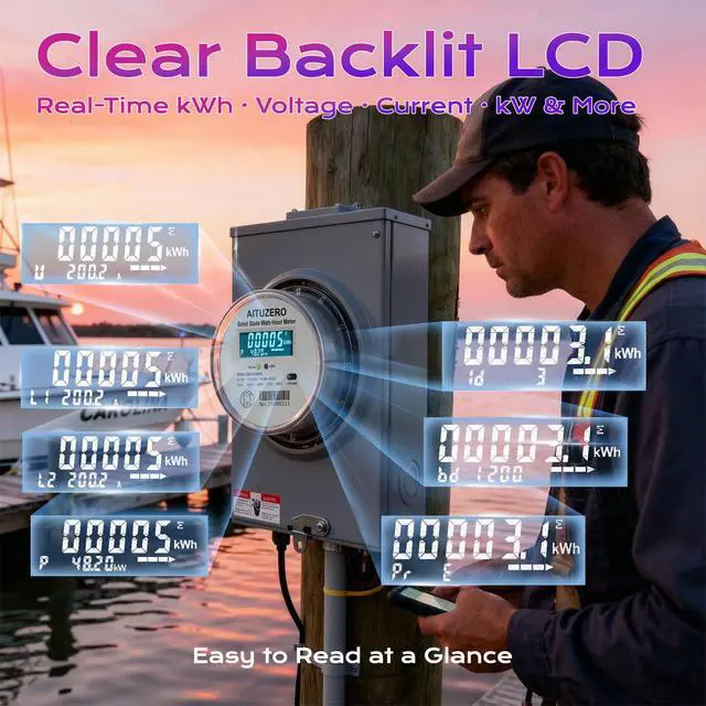 Alt view image 3 of 7 - Digital Electric Sub Meters for Landlords, 120/240V CL200 Single Phase 3 Wire, Electricity Usage Meter, Power Energy Meter, kWh Sub Meter, ANSI Form 2S Electric Submeters for RV Power, Rental Units