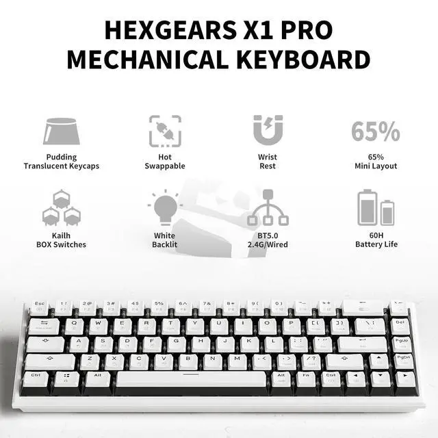 Alt view image 2 of 7 - X1 Pro Wireless Mechanica Keyboard, Tri-Mode Bluetooth/2.4G/USB-C, Hot-Swappable Tactile Switch Gaming Keyboard, Mini Compact White Backlit Keyboards with Wrist Rest - White
