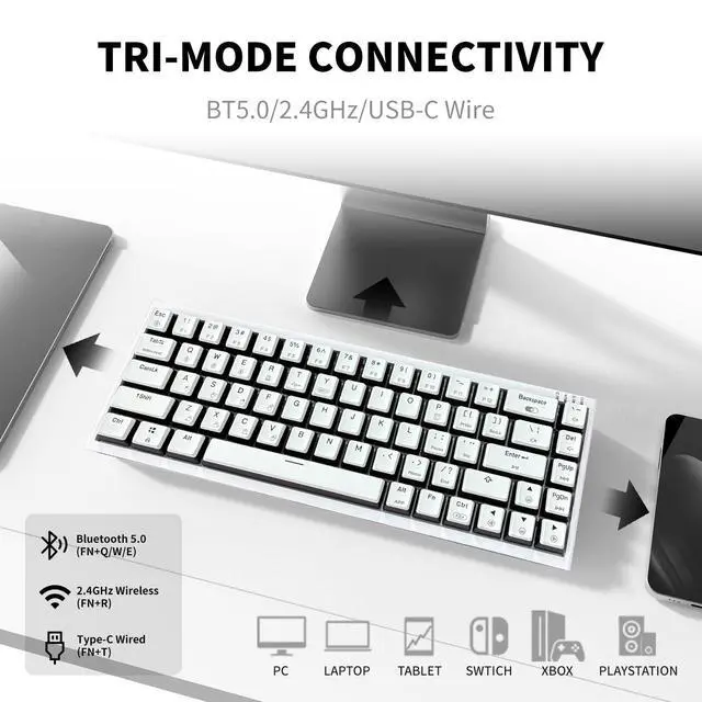 Alt view image 5 of 7 - X1 Pro Wireless Mechanica Keyboard, Tri-Mode Bluetooth/2.4G/USB-C, Hot-Swappable Tactile Switch Gaming Keyboard, Mini Compact White Backlit Keyboards with Wrist Rest - White