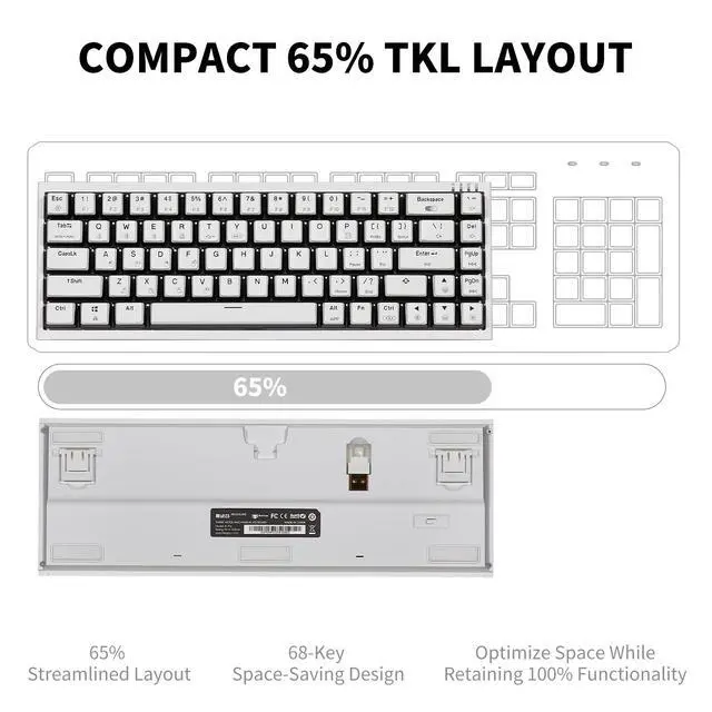 Alt view image 6 of 7 - X1 Pro Wireless Mechanica Keyboard, Tri-Mode Bluetooth/2.4G/USB-C, Hot-Swappable Tactile Switch Gaming Keyboard, Mini Compact White Backlit Keyboards with Wrist Rest - White