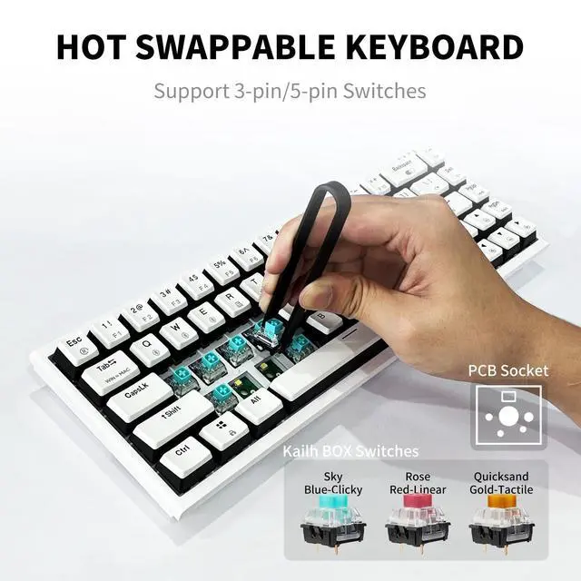Alt view image 3 of 7 - X1 Pro Wireless Mechanica Keyboard, Tri-Mode Bluetooth/2.4G/USB-C, Hot-Swappable Tactile Switch Gaming Keyboard, Mini Compact White Backlit Keyboards with Wrist Rest - White