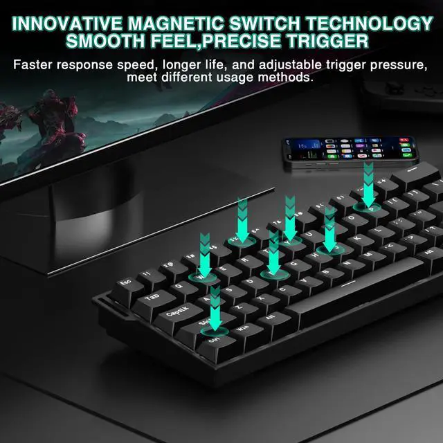 Alt view image 3 of 7 - Aula MINI60 HE Wireless Gaming Keyboard 60%,Hall Effect Rapid Trigger Magnetic Keyboard,8000Hz Polling,Tri-Mode(BT5.0/2.4GHz/USB-C),Hot Swappable Compact Mechanical Keyboard for Gamer(Black)