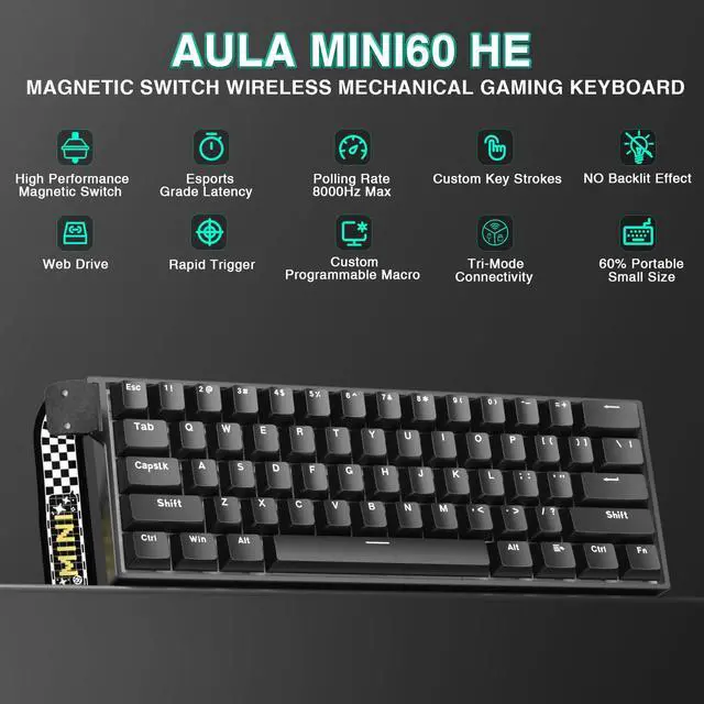 Alt view image 2 of 7 - Aula MINI60 HE Wireless Gaming Keyboard 60%,Hall Effect Rapid Trigger Magnetic Keyboard,8000Hz Polling,Tri-Mode(BT5.0/2.4GHz/USB-C),Hot Swappable Compact Mechanical Keyboard for Gamer(Black)