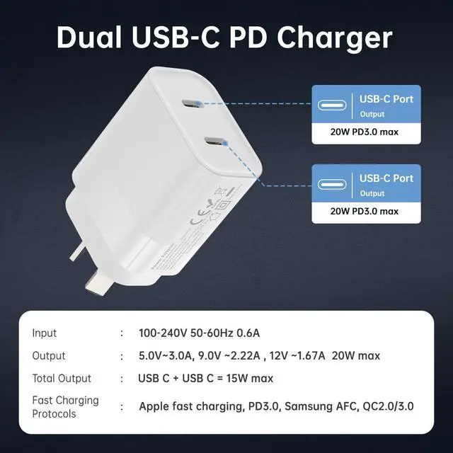 Alt view image 2 of 7 - Australia/New Zealand/Argentina/Fiji Fast Charger Dual USB Type C AU Adapter Plug Type I Wall Block for Apple iPhone 17 16 15 14 13 12 Pro Max Samsung Google Pixel PD PPS 20W/20W Travel Essentials