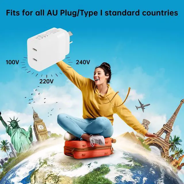 Alt view image 4 of 7 - Australia/New Zealand/Argentina/Fiji Fast Charger Dual USB Type C AU Adapter Plug Type I Wall Block for Apple iPhone 17 16 15 14 13 12 Pro Max Samsung Google Pixel PD PPS 20W/20W Travel Essentials