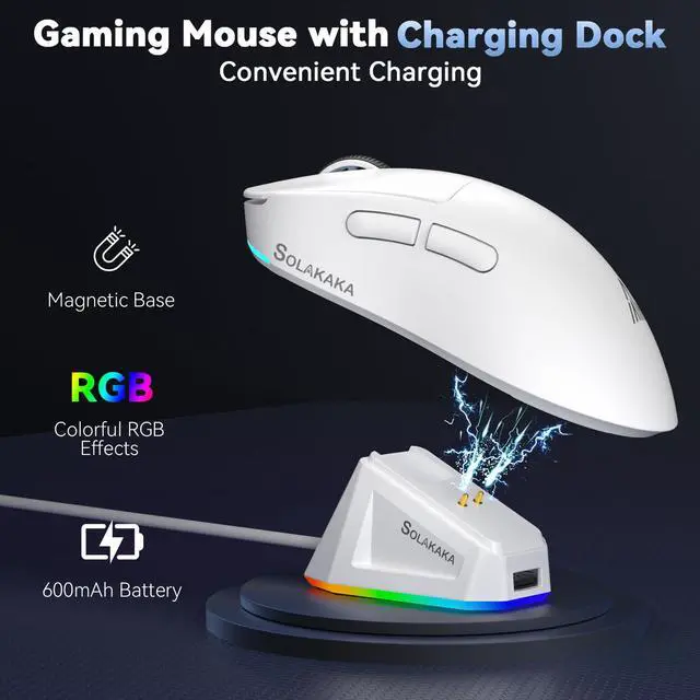 Alt view image 4 of 7 - SM822 Wireless Gaming Mouse with Charging Dock, Tri-Mode Wireless Mouse, PAW3311 Optical Sensor, Up to 24,000DPI, 62g Lightweight Mouse with 5 programmable Buttons, for PC, Laptop (White)