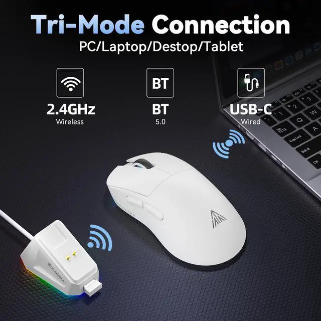 Alt view image 3 of 7 - SM822 Wireless Gaming Mouse with Charging Dock, Tri-Mode Wireless Mouse, PAW3311 Optical Sensor, Up to 24,000DPI, 62g Lightweight Mouse with 5 programmable Buttons, for PC, Laptop (White)