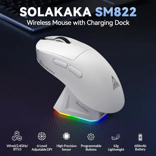 Alt view image 2 of 7 - SM822 Wireless Gaming Mouse with Charging Dock, Tri-Mode Wireless Mouse, PAW3311 Optical Sensor, Up to 24,000DPI, 62g Lightweight Mouse with 5 programmable Buttons, for PC, Laptop (White)
