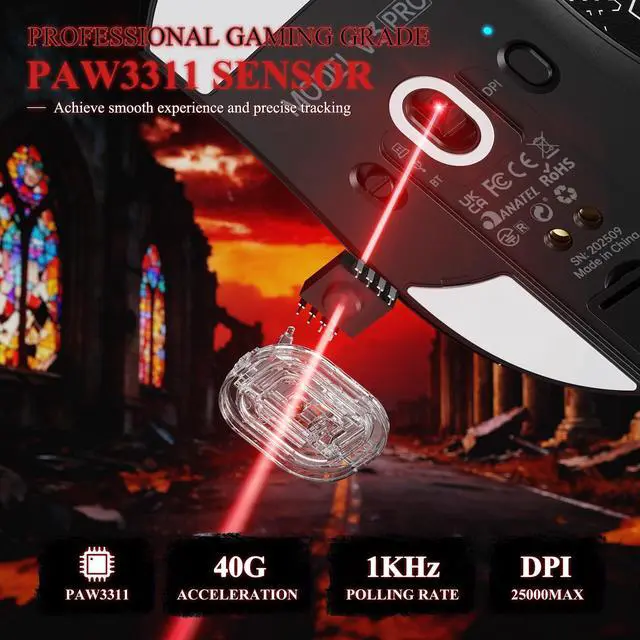 Alt view image 4 of 7 - Attack Shark V3 PRO 62g Superlight Wireless Gaming Mouse,RGB Charging Dock,BK52820 Tri-Mode BT/2.4G Wireless/Wired Mouse with Grip Tape,25000DPI,5 Programmable Buttons for Pc/Mac,Black PRO