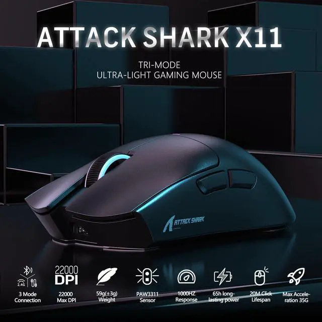 Alt view image 2 of 7 - Attack Shark X11 59g Superlight Wireless Gaming Mouse with Magnetic RGB Charging DockBT/2.4G Wireless/Wired Mouse, 22000 DPI5 Programmable Buttons for PC/Laptop/MacBlack