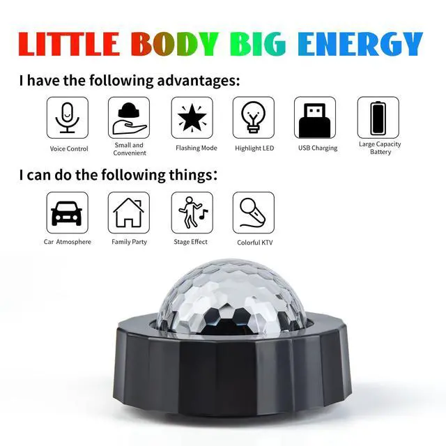 Alt view image 4 of 7 - Car Disco Ball Light with 2 Modes (Sound Activated/Auto Flash) - Magnetic Base, Rechargeable Battery & USB Cable, Vehicle Party Lights for Interior Decor(Black)