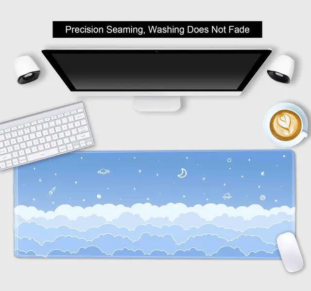 Alt view image 3 of 7 - Cute Pastel Blue Desk Mat, Minimalist Large Gaming Mouse Pad Mousepad for Laplop, Kawaii Anime Desk Pad, Gradient White Clouds Computer Pads, Aesthetic Stars Moon Deskpad, 31.5 X 11.8 Inch