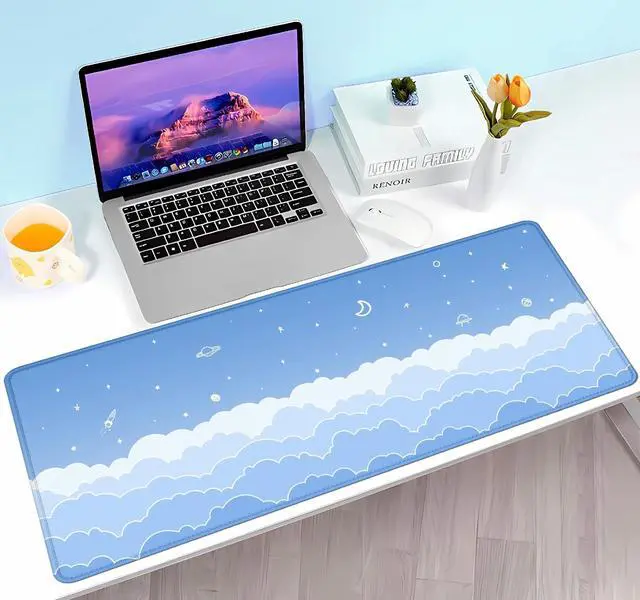 Alt view image 7 of 7 - Cute Pastel Blue Desk Mat, Minimalist Large Gaming Mouse Pad Mousepad for Laplop, Kawaii Anime Desk Pad, Gradient White Clouds Computer Pads, Aesthetic Stars Moon Deskpad, 31.5 X 11.8 Inch
