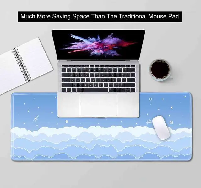 Alt view image 4 of 7 - Cute Pastel Blue Desk Mat, Minimalist Large Gaming Mouse Pad Mousepad for Laplop, Kawaii Anime Desk Pad, Gradient White Clouds Computer Pads, Aesthetic Stars Moon Deskpad, 31.5 X 11.8 Inch