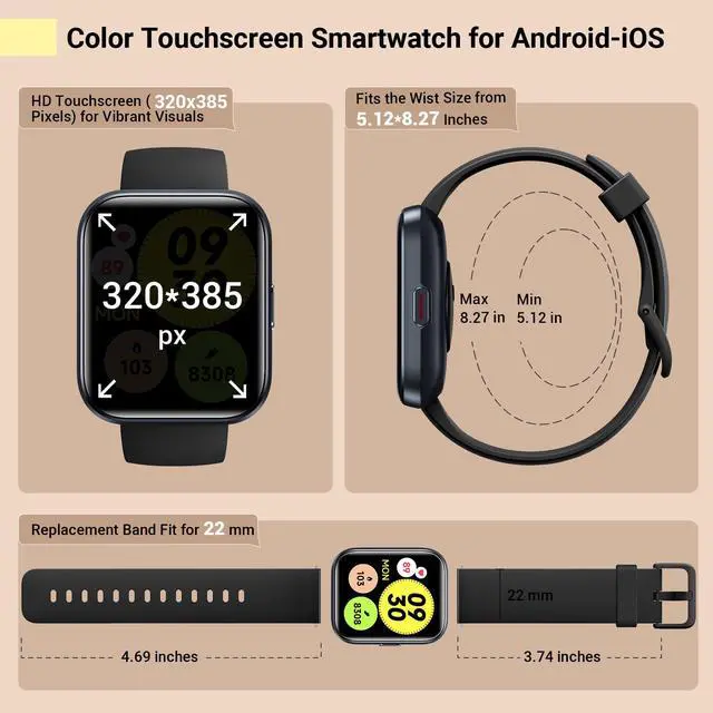 Alt view image 7 of 7 - Smartwatch for Women/Men, Compatible with Android & iPhone, 1.8'' Fitness Tracker Watch with Alexa, Call & Notification Alerts, Heart Rate & Sleep Monitor, 120 Sports Modes, Waterproof Smart Watch