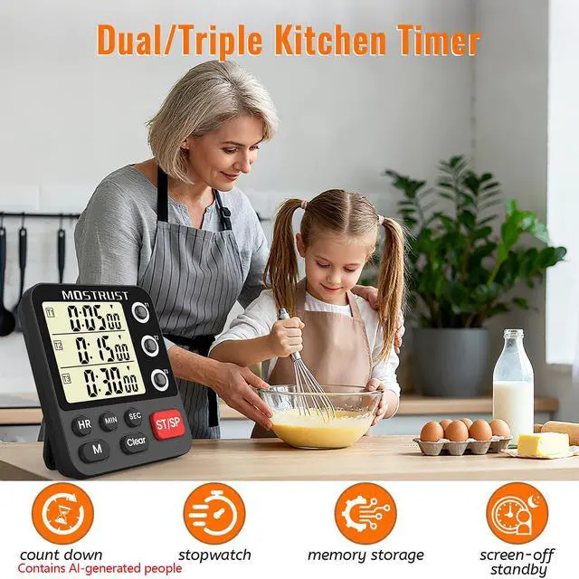 Alt view image 2 of 7 - Digital Dual Kitchen Timer, 3 Channels Triple Countdown Timer for Cooking, Magnetic Memory-Preset Large Display Adjustable Volume, Multi Time Management, 3A Battery Included, Black