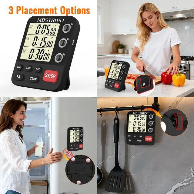 Alt view image 4 of 7 - Digital Dual Kitchen Timer, 3 Channels Triple Countdown Timer for Cooking, Magnetic Memory-Preset Large Display Adjustable Volume, Multi Time Management, 3A Battery Included, Black