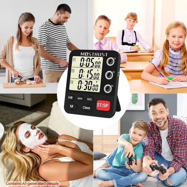Alt view image 6 of 7 - Digital Dual Kitchen Timer, 3 Channels Triple Countdown Timer for Cooking, Magnetic Memory-Preset Large Display Adjustable Volume, Multi Time Management, 3A Battery Included, Black