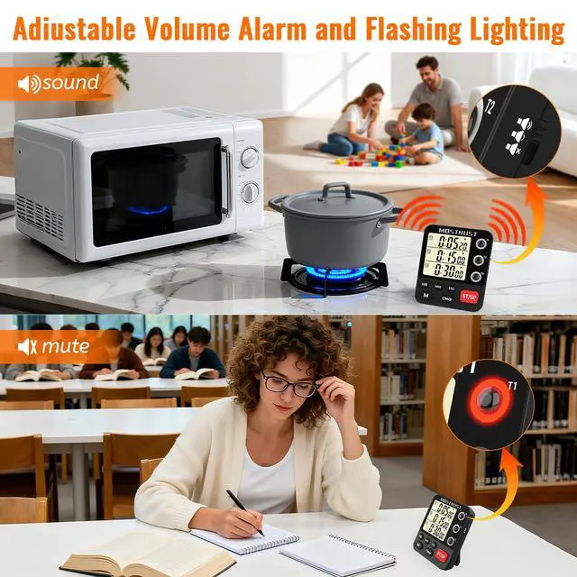 Alt view image 3 of 7 - Digital Dual Kitchen Timer, 3 Channels Triple Countdown Timer for Cooking, Magnetic Memory-Preset Large Display Adjustable Volume, Multi Time Management, 3A Battery Included, Black