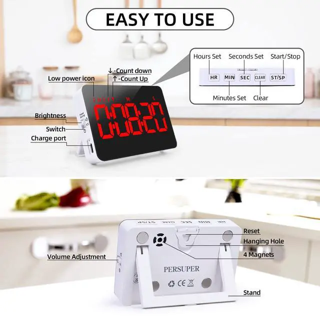 Alt view image 6 of 6 - Digital Timer Kitchen Timer Count Down Up Rechargeable Kitchen Gadgets Vibration Mode Adjustable Volume and Brightness LED Display Time Management for Cook, Desk, Kids Adults Study Teaching