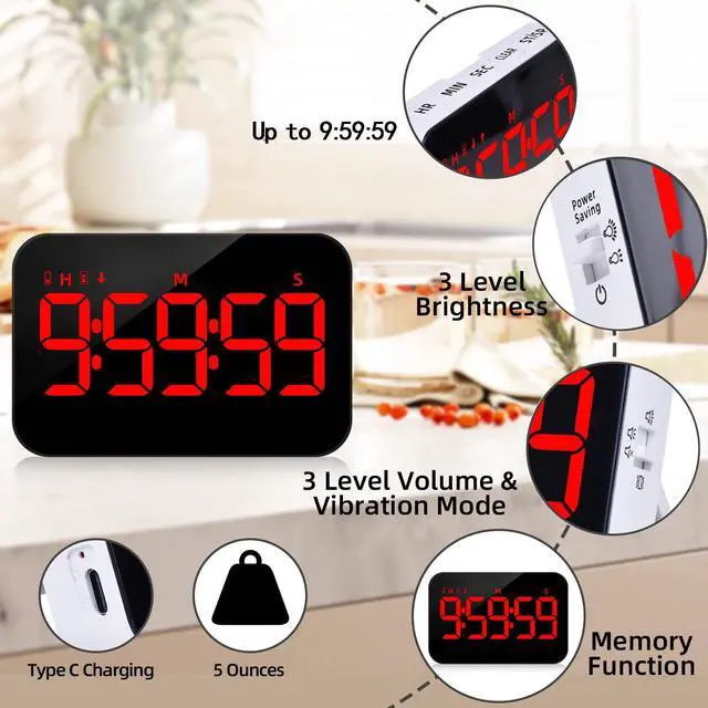 Alt view image 2 of 6 - Digital Timer Kitchen Timer Count Down Up Rechargeable Kitchen Gadgets Vibration Mode Adjustable Volume and Brightness LED Display Time Management for Cook, Desk, Kids Adults Study Teaching
