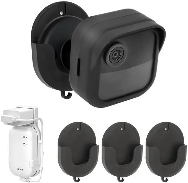 Main image of No Drill Weatherproof Wall Mount for Blink Outdoor 4 and Blink Outdoor 2K+ Camera System, 3 Pack Silicone Protective Case Cover and Adhesive Brackets, with Outlet Holder for Sync Module Core