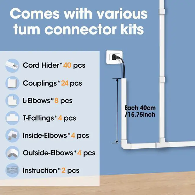 Alt view image 4 of 7 - 630in Cord Hider Kit, Cord Covers for Wires on Wall, Cord Hider for Wall Mount tv, tv Cable Hider Wall kit, Paintable Cable Raceway, Wire Covers for Cords, 40X L15.7in X W0.59in X H0.4in, White