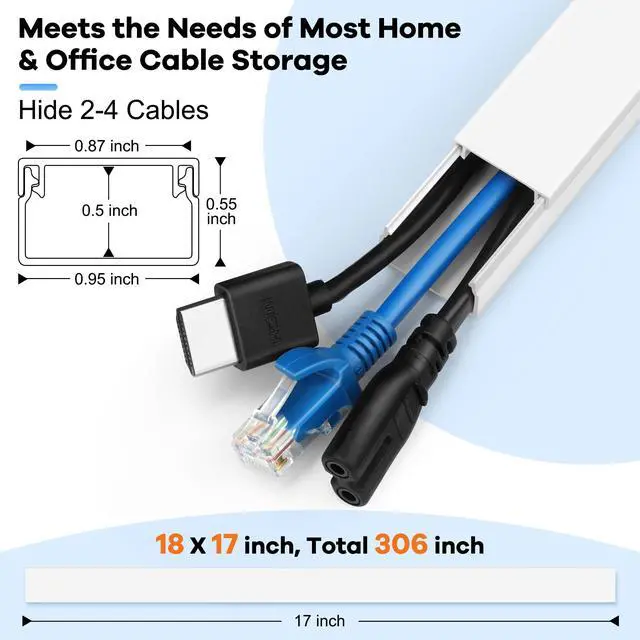 Alt view image 2 of 7 - 306in Cord Hider Kit, Cord Covers for Wires on Wall, Paintable Wire Cover for Cords, Cable Hider for Wall Mounted TV, White Cord Concealer, Cable Raceway Wire Management, 18x L17in x W0.95in x H0.55in