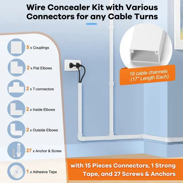 Alt view image 3 of 7 - 306in Cord Hider Kit, Cord Covers for Wires on Wall, Paintable Wire Cover for Cords, Cable Hider for Wall Mounted TV, White Cord Concealer, Cable Raceway Wire Management, 18x L17in x W0.95in x H0.55in