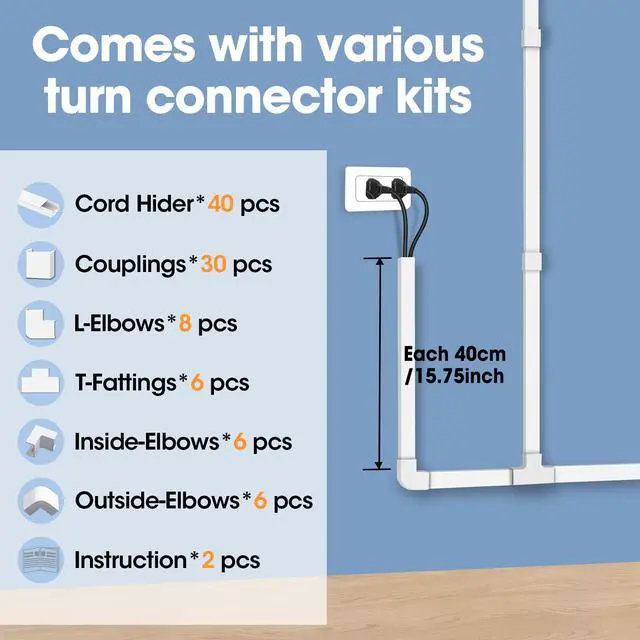 Alt view image 4 of 7 - 630in Cord Hider Kit, Paintable Cable Raceway, Cord Covers for Wires on Wall, Cord Hider for Wall Mount tv, tv Cable Hider Wall kit, Wire Covers for Cords, 40X L15.7in X W0.96in X H0.57in, White