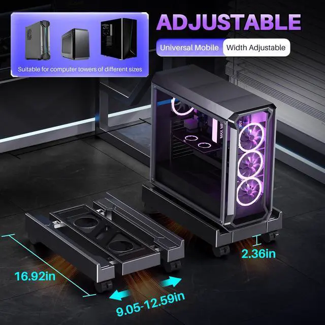 Alt view image 2 of 7 - Adjustable Computer Tower Stand, Ventilated PC Stand for Floor, Mobile CPU Holder with 4 Caster Wheels Fits Most PC Tower, Under Desk CPU Holder for Office,Gamers and Students