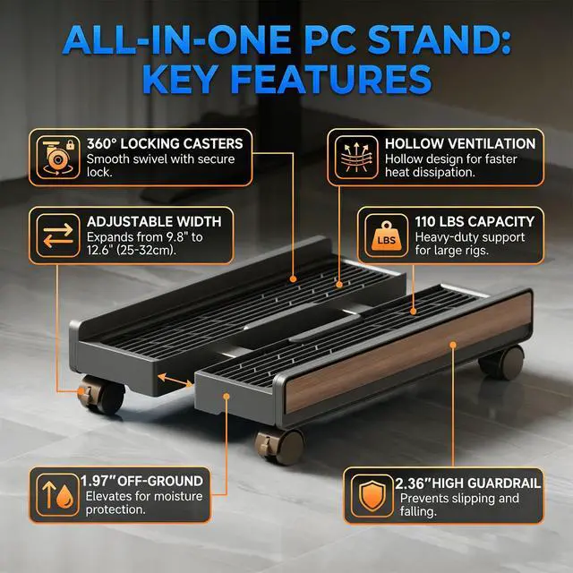 Alt view image 2 of 7 - Adjustable CPU Stand,Ventilated PC Stand for Floor/Carpet/Under Desk, 110LBS Computer Tower Stand with Locking Caster Wheels, Fits Most Gaming/Desktop PCs, Rolling Cart for Office,Gamers & Students