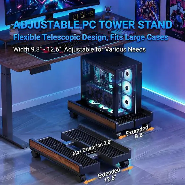 Alt view image 4 of 7 - Adjustable CPU Stand,Ventilated PC Stand for Floor/Carpet/Under Desk, 110LBS Computer Tower Stand with Locking Caster Wheels, Fits Most Gaming/Desktop PCs, Rolling Cart for Office,Gamers & Students