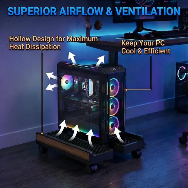Alt view image 5 of 7 - Adjustable CPU Stand,Ventilated PC Stand for Floor/Carpet/Under Desk, 110LBS Computer Tower Stand with Locking Caster Wheels, Fits Most Gaming/Desktop PCs, Rolling Cart for Office,Gamers & Students