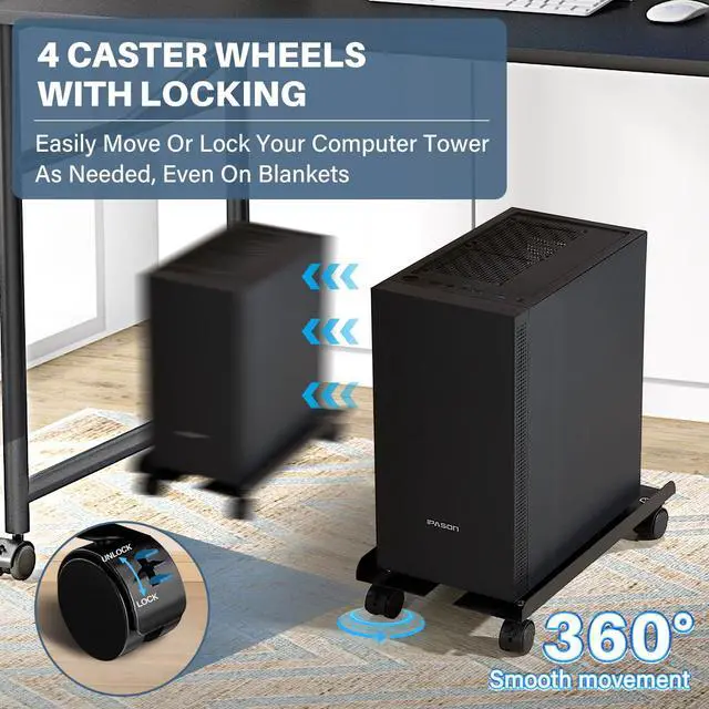 Alt view image 3 of 7 - Mobile PC Stand, Adjustable Metal Computer Tower Stand, PC Floor Stand with 4 Locking Caster Wheels, PC Tower Stand, CPU Holder, PC Cart PC Riser Fits Most PC for Gaming Office Desk