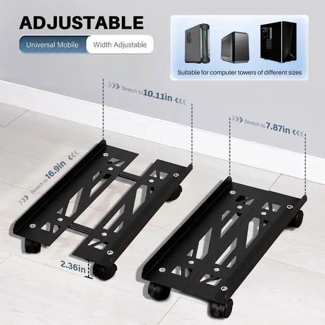 Alt view image 2 of 7 - Mobile PC Stand, Adjustable Metal Computer Tower Stand, PC Floor Stand with 4 Locking Caster Wheels, PC Tower Stand, CPU Holder, PC Cart PC Riser Fits Most PC for Gaming Office Desk