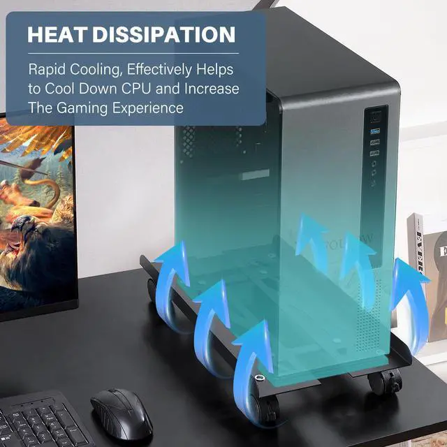 Alt view image 5 of 7 - Mobile PC Stand, Adjustable Metal Computer Tower Stand, PC Floor Stand with 4 Locking Caster Wheels, PC Tower Stand, CPU Holder, PC Cart PC Riser Fits Most PC for Gaming Office Desk