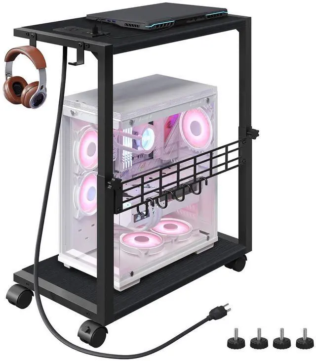 Main image of PC Stand, Height Adjustable Computer Tower Stand, 19.7"-31.5" H, Computer Cart with Charging Station, Wheels and Hooks, CPU Holder for Floor, Carpet and Under Desk, Easy Assembly, Black