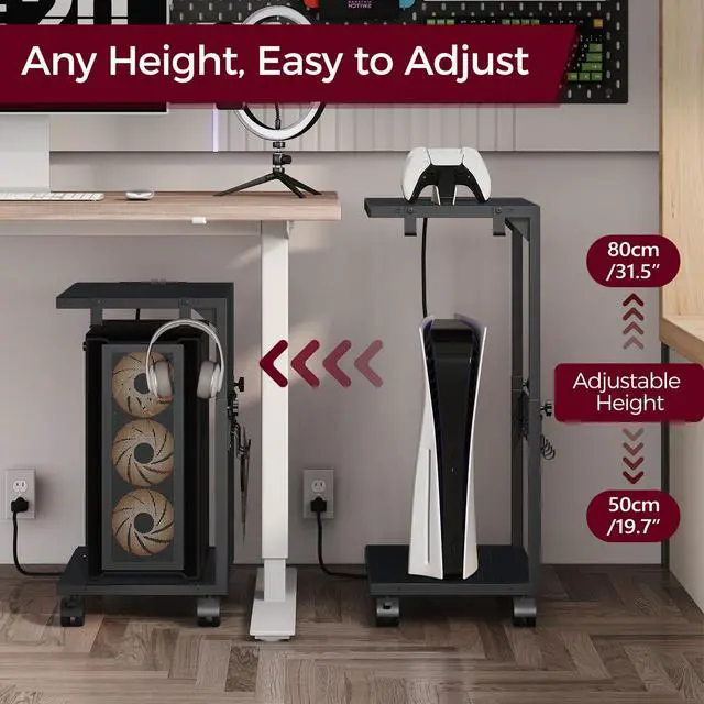 Alt view image 2 of 7 - PC Stand, Height Adjustable Computer Tower Stand, 19.7"-31.5" H, Computer Cart with Charging Station, Wheels and Hooks, CPU Holder for Floor, Carpet and Under Desk, Easy Assembly, Black