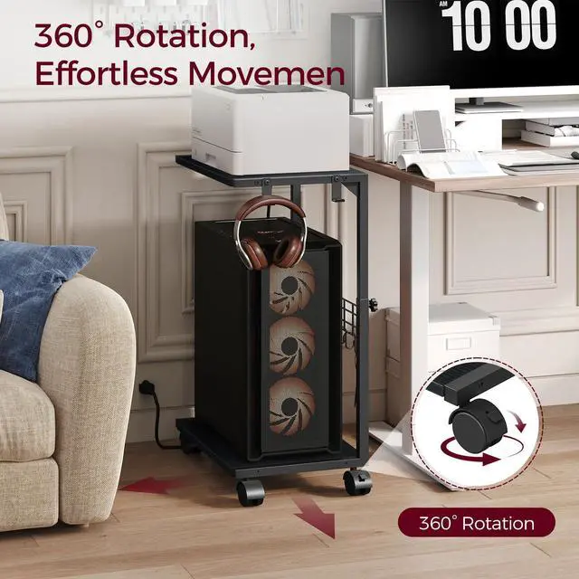 Alt view image 3 of 7 - PC Stand, Height Adjustable Computer Tower Stand, 19.7"-31.5" H, Computer Cart with Charging Station, Wheels and Hooks, CPU Holder for Floor, Carpet and Under Desk, Easy Assembly, Black
