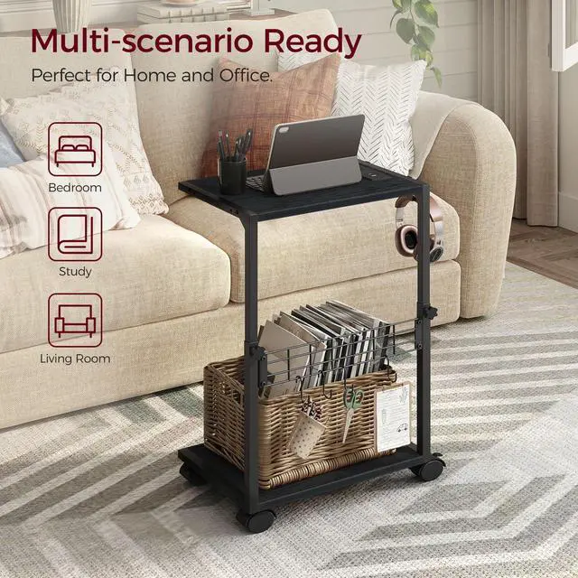Alt view image 4 of 7 - PC Stand, Height Adjustable Computer Tower Stand, 19.7"-31.5" H, Computer Cart with Charging Station, Wheels and Hooks, CPU Holder for Floor, Carpet and Under Desk, Easy Assembly, Black