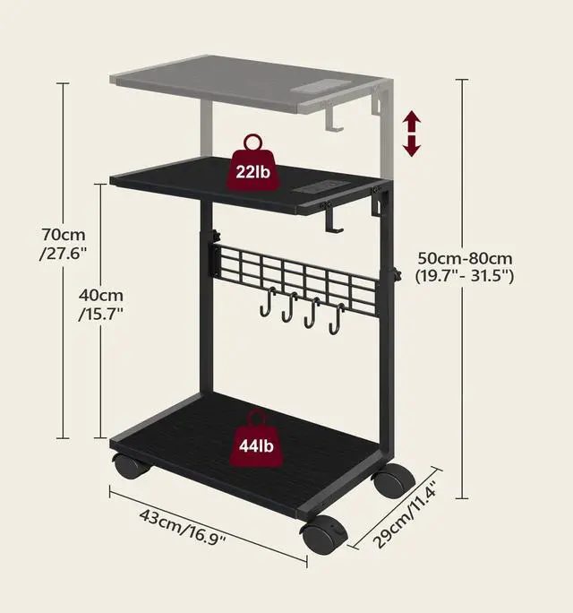 Alt view image 7 of 7 - PC Stand, Height Adjustable Computer Tower Stand, 19.7"-31.5" H, Computer Cart with Charging Station, Wheels and Hooks, CPU Holder for Floor, Carpet and Under Desk, Easy Assembly, Black