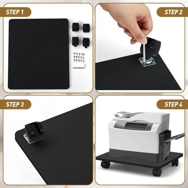 Alt view image 5 of 6 - 2 Pcs Office Under Desk Printer Stand with 4 Caster Wheels Black Movable Printer Copier Shelf and CPU Holder for Home Office Heavy Duty Storage Rack Scanner Fax Machine, 13.78 x 11.81 Inches