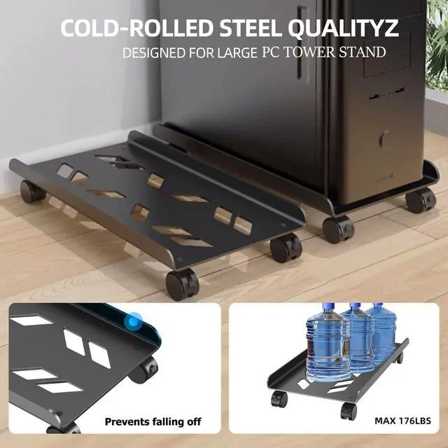 Alt view image 3 of 7 - Computer Tower Stand, Ventilated Mobile CPU Stand Fits Most PC Tower, Steel Desktop CPU Holder with Rolling Caster Wheels, PC Floor Cart Riser for Gaming Office Desk Accessories