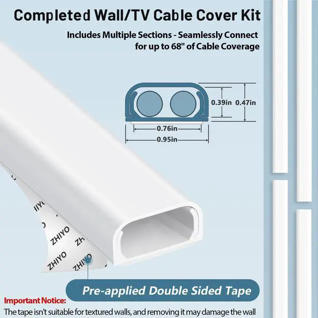 Alt view image 6 of 7 - Cable Hider Raceway Kit, Cord Hider for TV on Wall, Paintable Cord Cover Channel, Wire Hiders for Wall Mounted TV in Home Office, 0.95in (W) x 0.47in (H), White